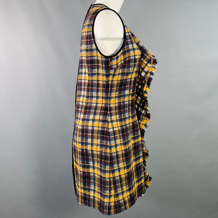 MSGM Size 8 Yellow Black Silver Wool Blend Ruffle Plaid Mini Dress