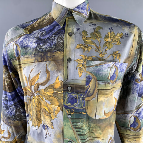 JEAN CHATEL Size L Blue Brown Multi-Color Painted Floral Long Sleeve Shirt
