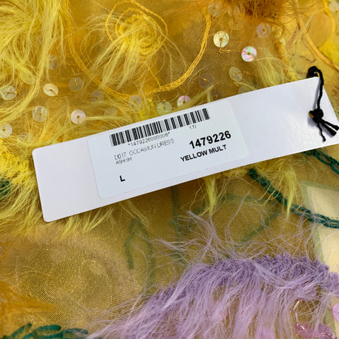ASHISH Size L Yellow Lavender Floral Organza Ostrich Cocktail Dress