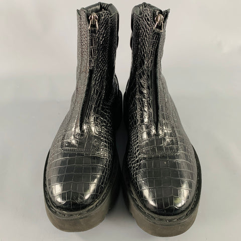 AQUATALIA Size 11 Black Leather Croc Embossed Zip Up Boots