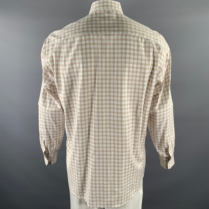 BRIONI Size L White Blue Tan Gingham Cotton Pointed Long Sleeve Shirt