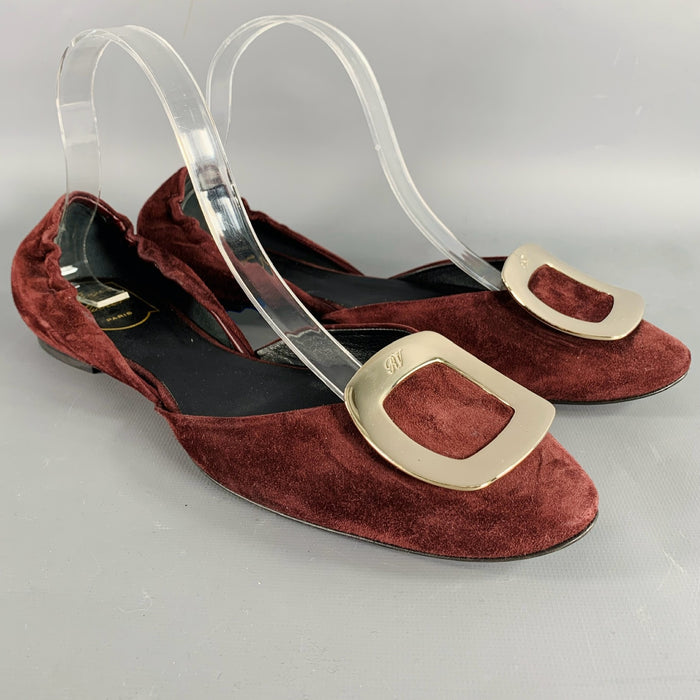 ROGER VIVIER Size 10 Burgundy Silver Buckle Suede Flats