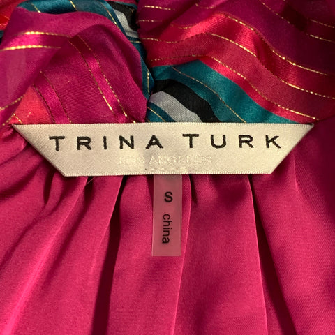 TRINA TURK Size S Pink Green Silk Metallic Stripe Bishop Bow Blouse