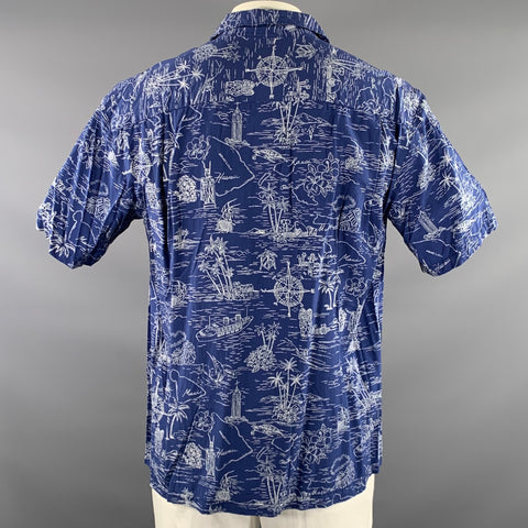 TWO PALMS Size L Blue White Graphic Rayon Camp Short Sleeve Shirt