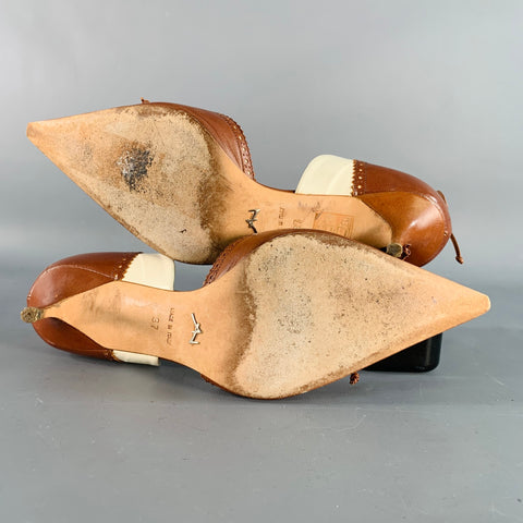 ALEXANDRA NEEL Size 7 Brown Cream Perforated Pointed Toe D'Orsay Kitten Heel Pumps