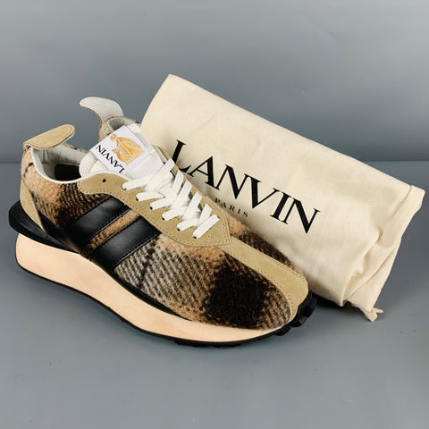 LANVIN Size 11 Beige Brown Plaid Wool Sneakers