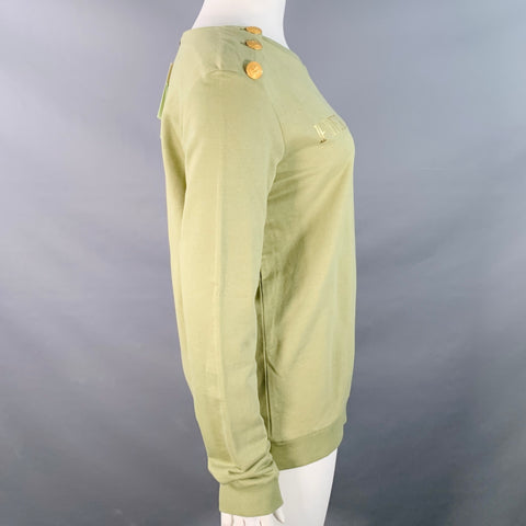BALMAIN Taille L Vert Sauge Mélange Coton Jersey Logo Col Rond Pull