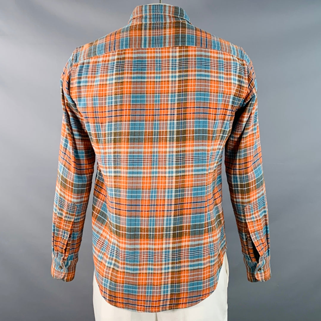 45rpm Size XL Blue Orange Plaid Cotton Curved Cutaway Flannel Long Sleeve Shirt