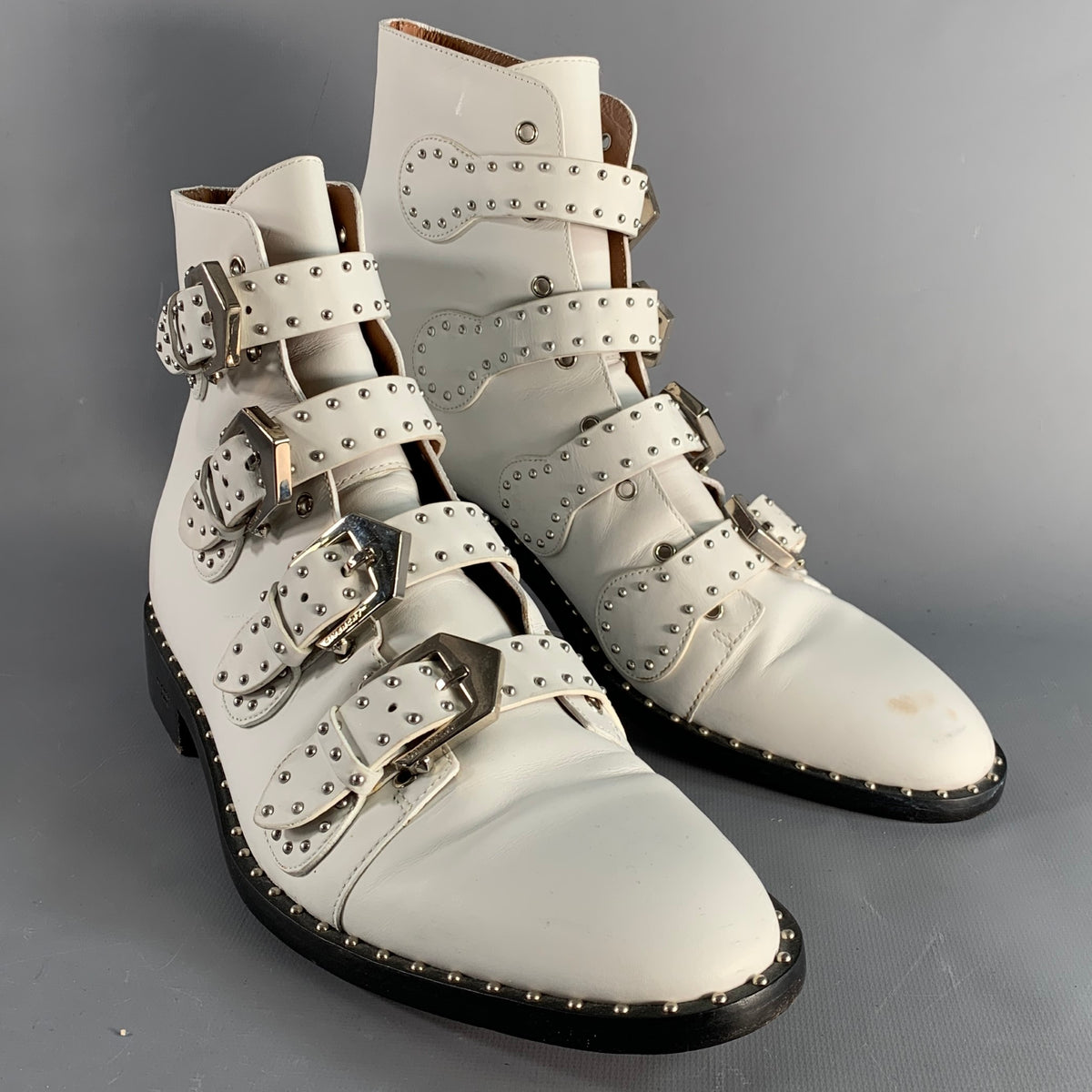 GIVENCHY Size 8 White Studded Leather Belted Boots Givenchy White Studded Leather buckle booties sz 8 main image 3