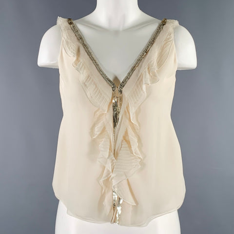J.MENDEL Size 6 Cream Silk Ruffled Sleeveless Dress Top