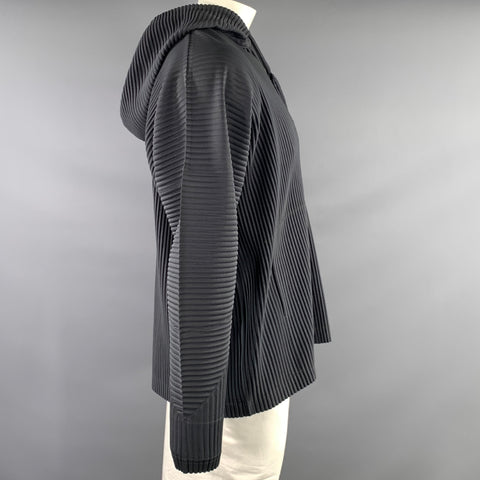 ISSEY MIYAKE Size L Grey Pleated Polyester Hooded Pullover