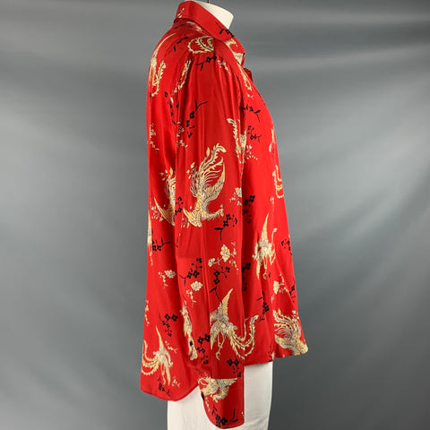 BILLIONAIRE COUTURE Size XL Red Black Gold Phoenix Print Silk Long Sleeve Shirt
