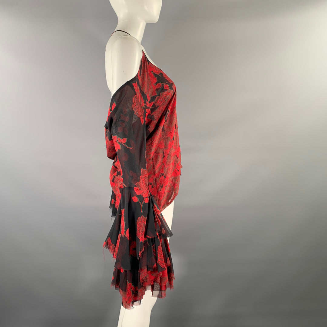 ALEXANDER MCQUEEN Size M Red Black Silk Blend Floral Blouse