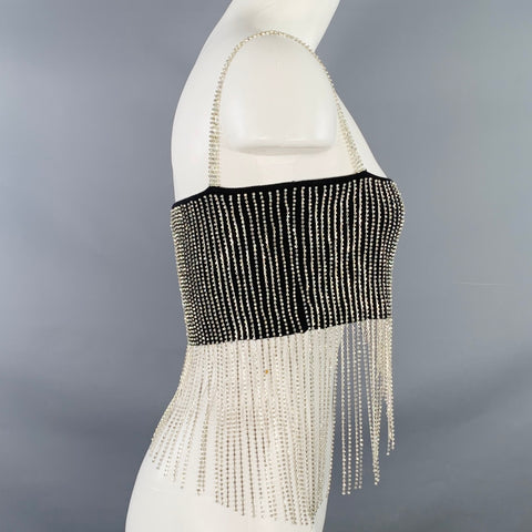 FANG Size S Asymmetrical Rhinestone Black Silver Cotton Blend Fringe Cropped Dress Top