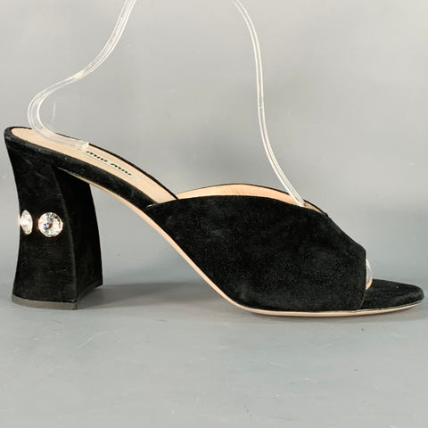 MIU MIU Size 11 Black Suede Rhinestone Peep Toe Sandals