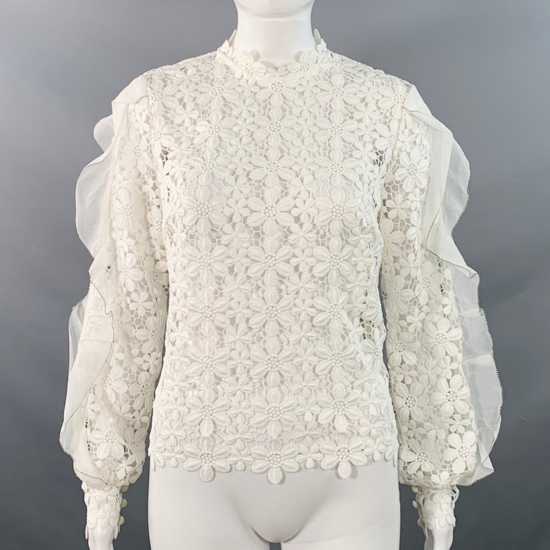 SELF-PORTRAIT Size 6 White Polyester Cotton Floral Crochet Ruffle Blouse