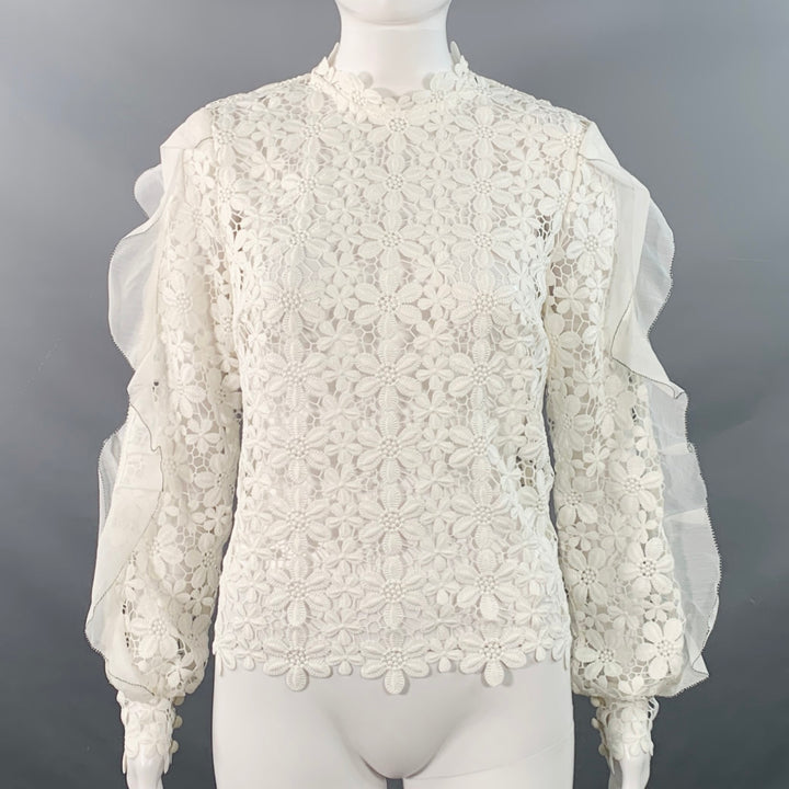 SELF-PORTRAIT Size 6 White Polyester Cotton Floral Crochet Ruffle Blouse