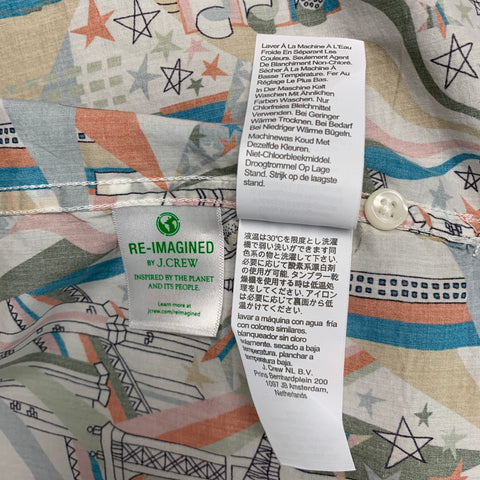 J CREW Size L White Multi Color NYC Print Cotton Camp Short Sleeve Shirt