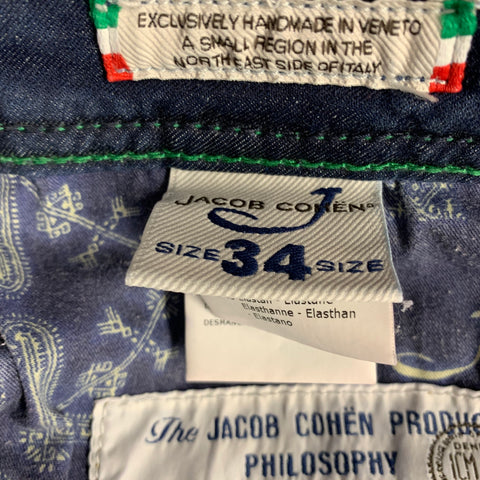 JACOB COHEN Size 34 Blue Green Contrast Stitch Cotton Blend Button Fly Jeans
