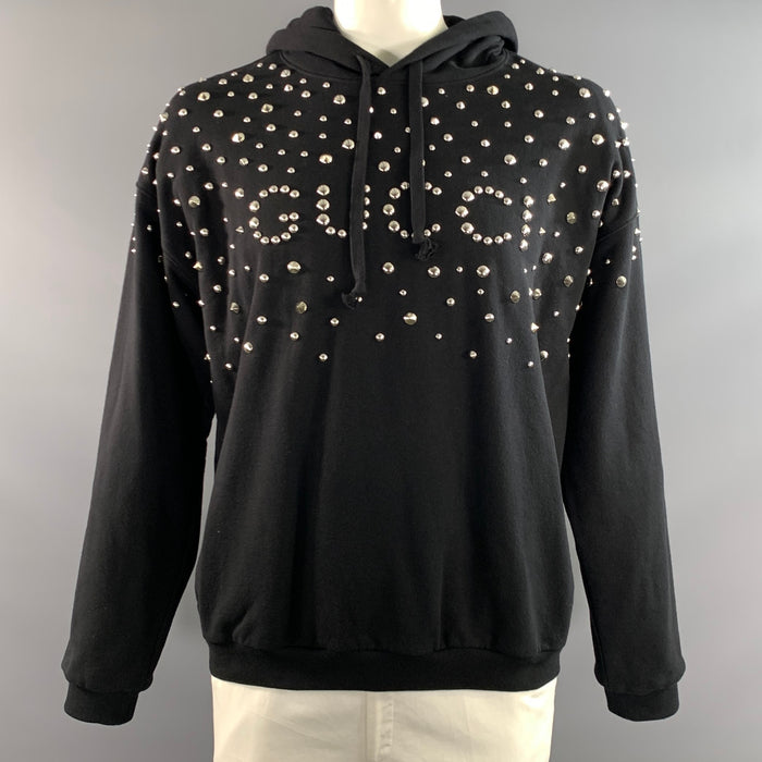 GUCCI Size XL Black Studded Cotton Hooded Sweatshirt