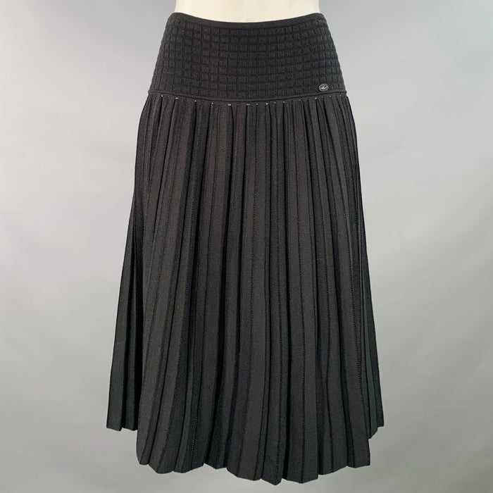 Jupe plissée à taille élastiquée en mélange de viscose noire CHANEL Vintage 2005 Taille 38