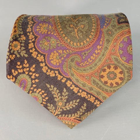 RALPH LAUREN Brown Forest Green Paisley Silk Twill Tie