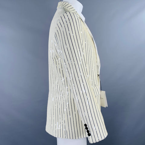 CELINE Size 36 Beige Black Sequined Polyester Notch Lapel Sport Coat
