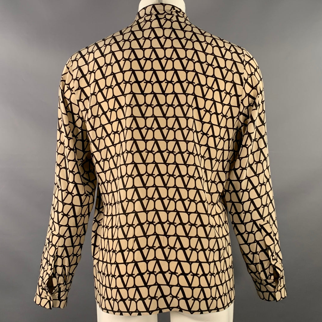 VALENTINO Size M Toile Iconographe Khaki Black Monogram Cotton Bow Long Sleeve Shirt