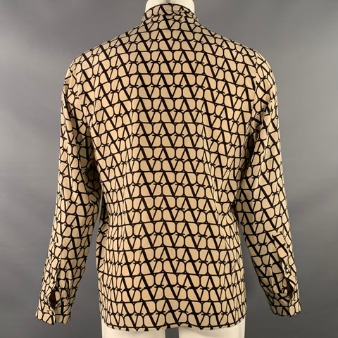 VALENTINO Size M Toile Iconographe Khaki Black Monogram Cotton Bow Long Sleeve Shirt