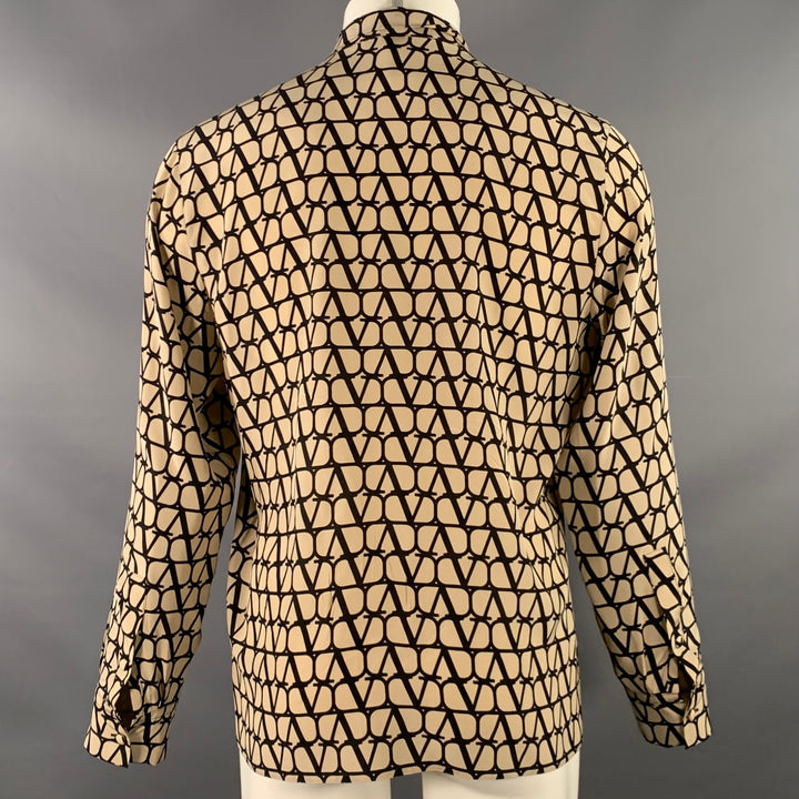 VALENTINO Size M Toile Iconographe Khaki Black Monogram Cotton Bow Long Sleeve Shirt