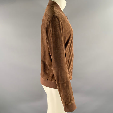 BRUNELLO CUCINELLI Size L Brown Perforated Leather Bomber Jacket