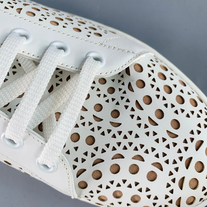 ALAIA Size 8 White Tan Laser Cut Leather Lace-Up Low Top Sneakers