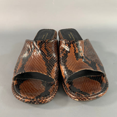 DRIES VAN NOTEN Size 8 Brown Black Snake Embossed Leather Open Toe Sandals