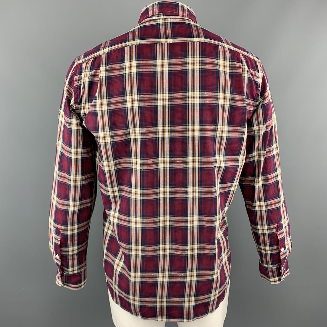 HARTFORD Size M Burgundy & Brown Plaid Cotton Button Up Long Sleeve Shirt