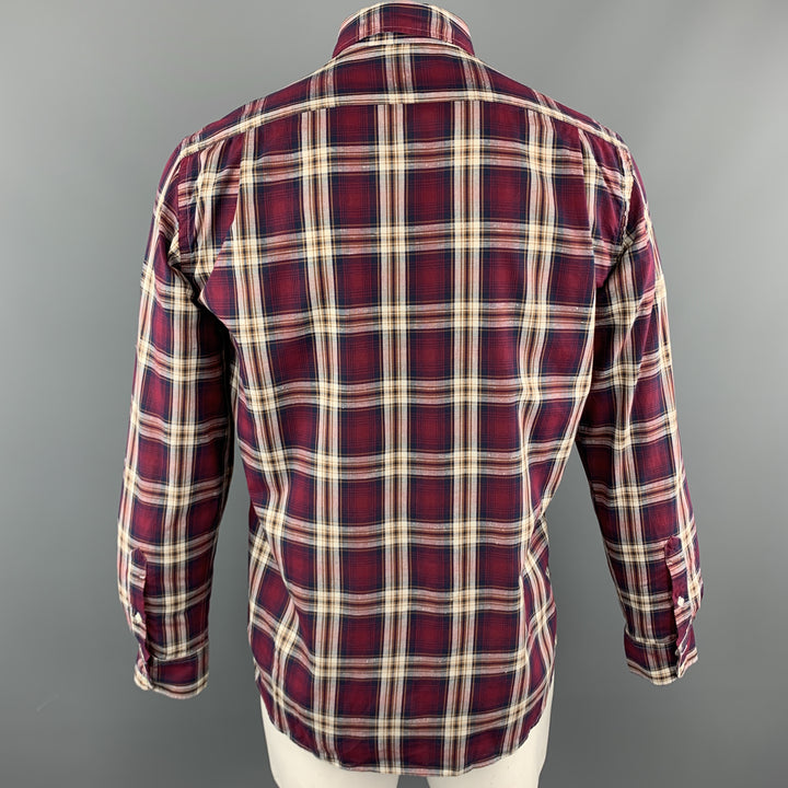 HARTFORD Size M Burgundy & Brown Plaid Cotton Button Up Long Sleeve Shirt