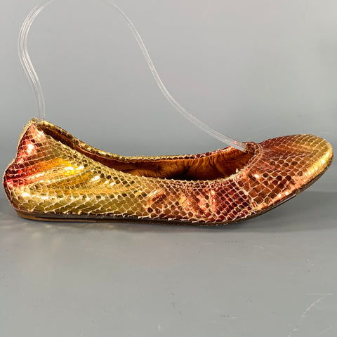 LANVIN Size 6.5 Gold Pink Snake Skin Ballet Flats