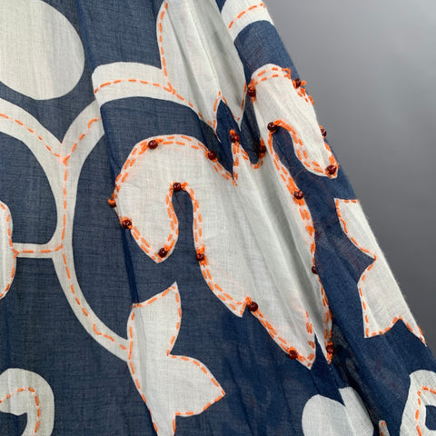 POLO by RALPH LAUREN Size 4 Blue White Cotton Abstract Floral Beaded Midi Skirt