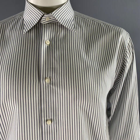 ERMENEGILDO ZEGNA Size L White Navy Stripe Cotton French Cuff Long Sleeve Shirt