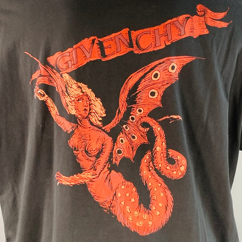 GIVENCHY Size M Black Red Mermaid Print Cotton Oversized Crew Neck T-shirt