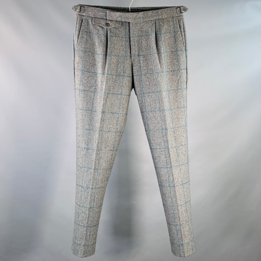 INCOTEX Size 32 Grey Teal Window Pane Wool Pleated Slim Fit Dress Pant Sui Generis Designer Consignment INCOTEX Size 32 Grey Teal Window Pane Wool Pleated Slim Fit Dress Pant Sui Generis Designer Consignment