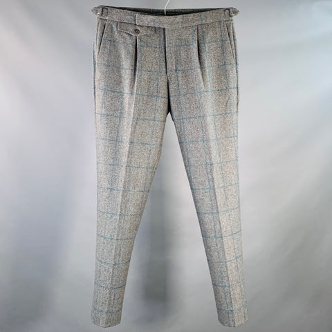 INCOTEX Size 32 Grey Teal Window Pane Wool Pleated Slim Fit Dress Pants