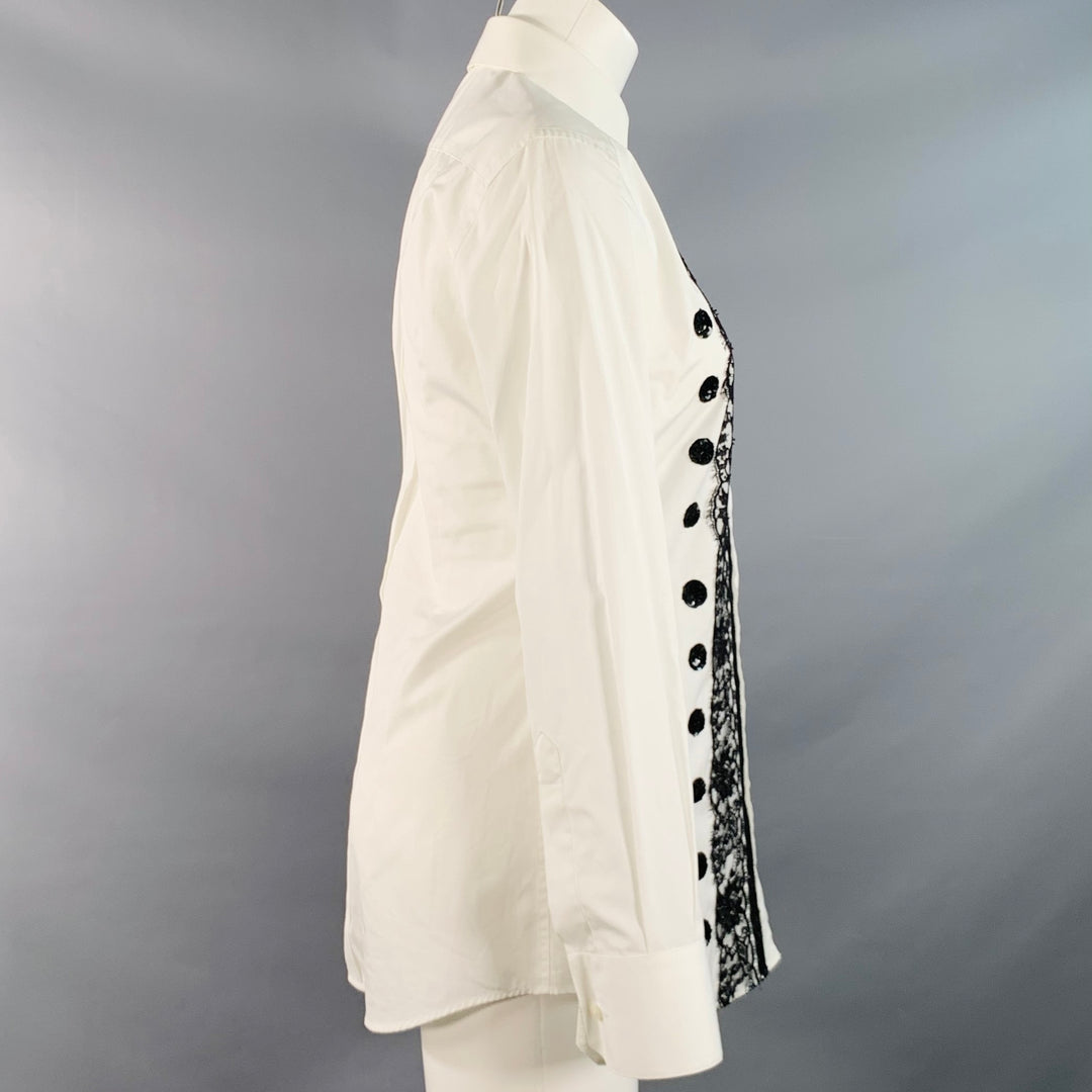 DOLCE & GABBANA Size XS White Black Cotton Blend Lace Trim Sequins Button Up Shirt