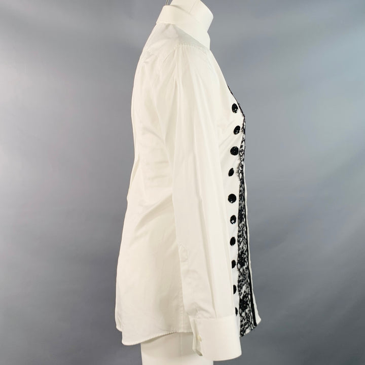 DOLCE & GABBANA Size XS White Black Cotton Blend Lace Trim Sequins Button Up Shirt