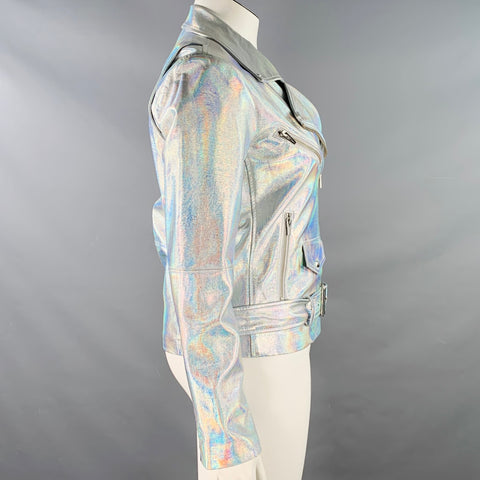 VEDA Size L Silver Iridescent Faux Leather Belted Motorcycle Jacket