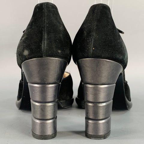 SALVATORE FERRAGAMO Size 9 Black Suede Peep Toe Stacked Heel Ankle Strap Sandals