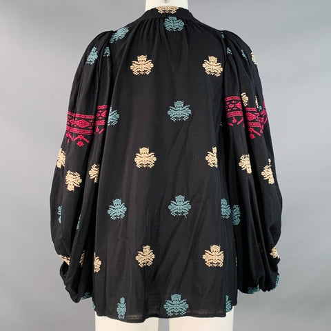 VANESSA BRUNO Size XS Black Multi Color Cotton Blend Embroidered V-Neck Tunic Blouse