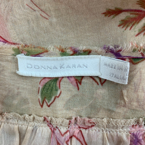 DONNA KARAN Size 6 Beige Red Cotton Silk Floral Tunic Blouse