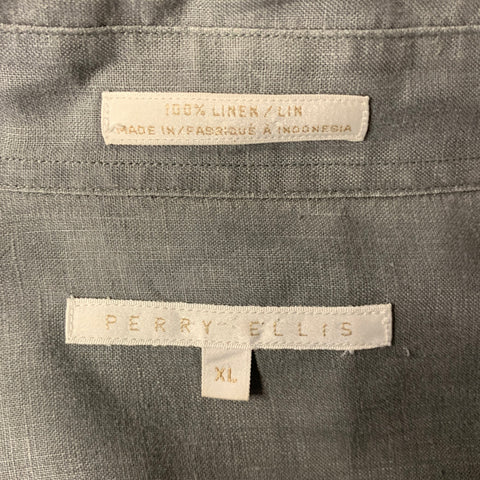 PERRY ELLIS Chemise à manches longues en lin gris à col pointu, taille XL