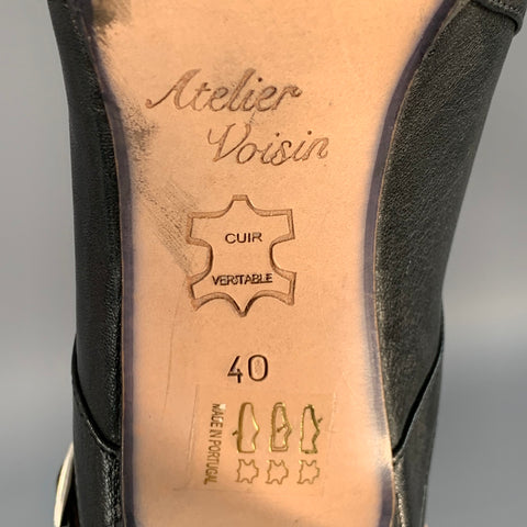 ATELIER VOISIN Size 10 Black Leather Stacked Heel Buckle Ankle Booties