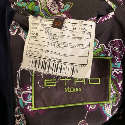 ETRO Chest Size 42 Navy Velvet Cotton Lycra Notch Lapel Sport Coat